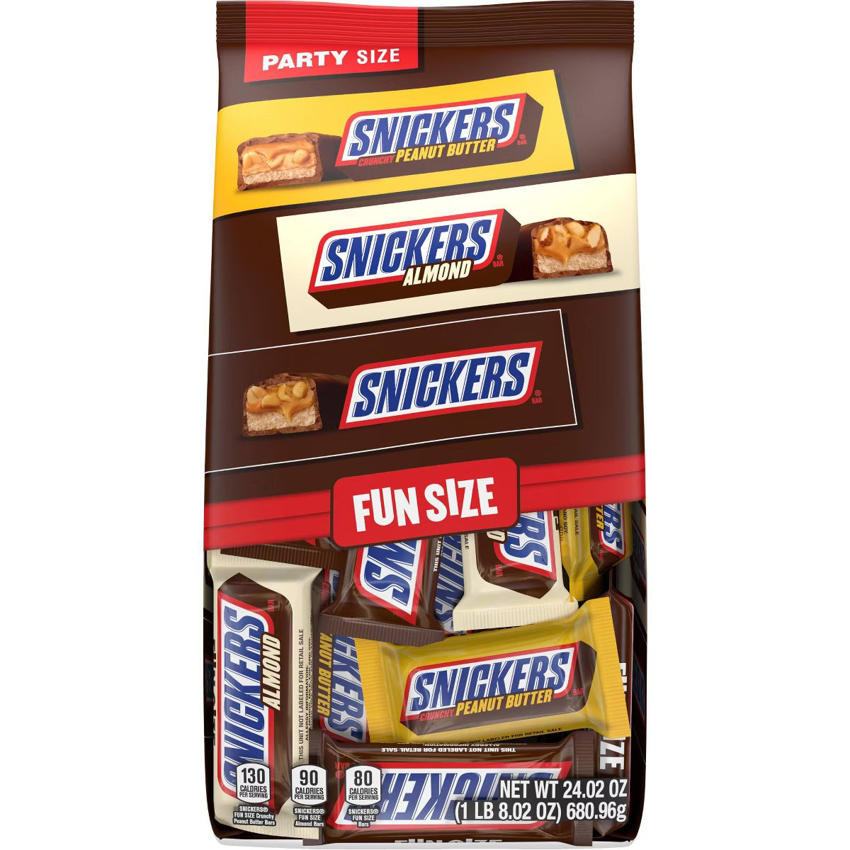 Snickers Milk Chocolate, Peanut Butter, & Almond Candy Bars Fun Size Variety Pack, Party Size - 24.02oz/35ct Bulk Bag